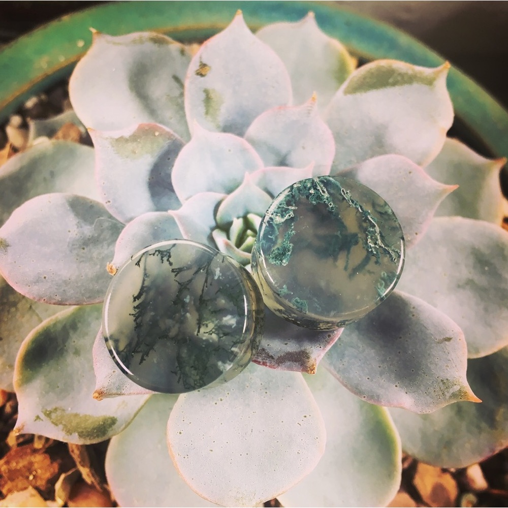 Handmade 5/8 16mm Moss Agate double flare stone plugs